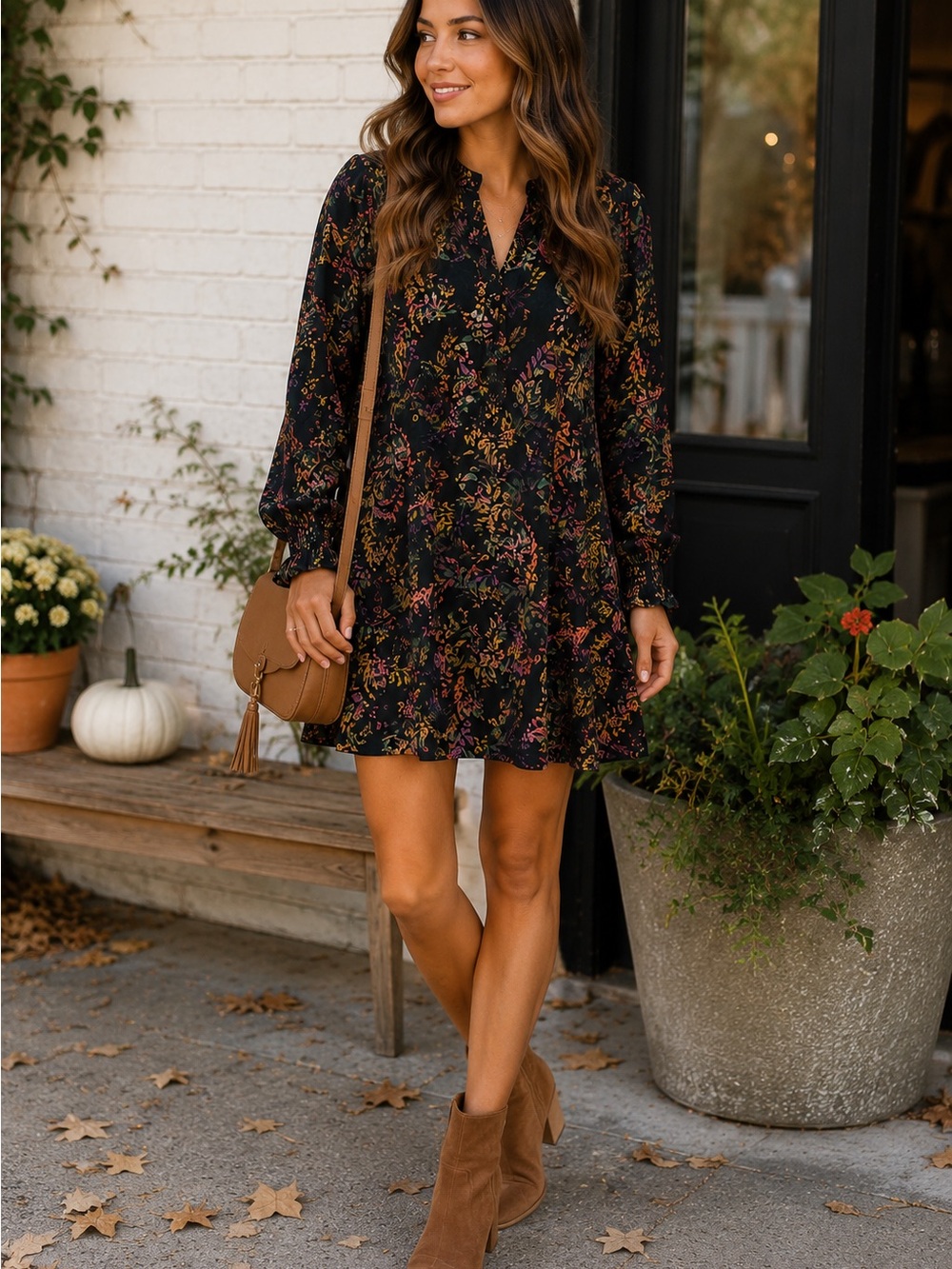 H&M Black Floral Smocked Neck Long Sleeve Midi Shift Dress Size 6